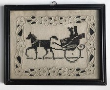 Vtg Cross Stitch Victorian Couple Buggy Silhouette Art Hand Crafted Frame 8x10