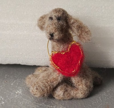 Needle Felted Dog With Heart  Figure 2 1/2'' OOAK New Brown Puppy Floppy Ears 