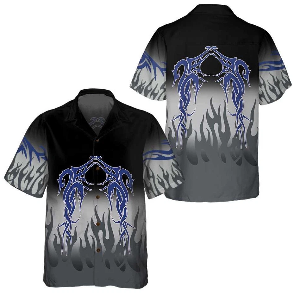 Flame And Dragon Tattoo Hawaiian Shirt, Flame Print Hawaiian Shirt