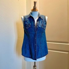 Hand-Embellished Denim Sleeveless Button-Up   Size Small