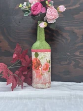 Decorative Glass Bottle Vase Hand Painted Pink And Green Decoupaged Flowers