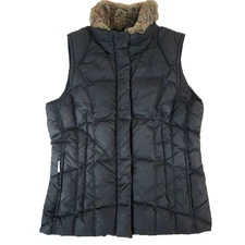 Eddie Bauer Womens Goose Down Vest Jacket Size XS Black Puffer Faux Fur #2107