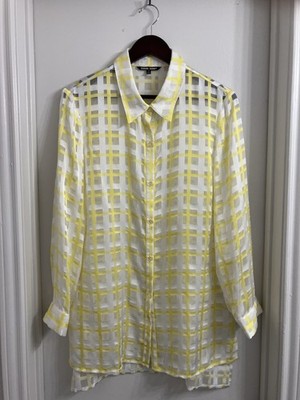 Samuel Dong Blouse Womens Medium Yellow Gray Sheer Plaid Button Down Tunic Top
