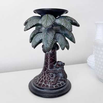Palm Tree & Monkey Candle Holder Metal & Resin VTG 90s Tropical Glam Regency