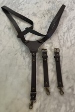 Leather Suspenders Heavy Duty Y Back Brown Adjustable 3 Metal Lobster Hooks