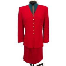 Kasper for A.S.L. Vintage Red Skirt Suit Set Size 14 Gold Buttons 2 Piece Lined