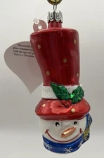 Snowman Head Red Top Hat Blown Glass Glitter Christmas Ornament Germany 4.25”H