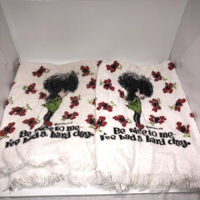 2 Vintage 1970s Fran Mar Towels Be Nice To Me I've had a hard day 15x26 inches