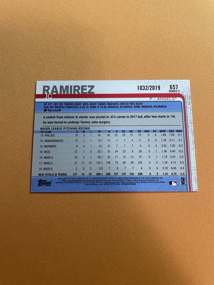 2019 Topps Series 2 - J.C. Ramirez Gold 1032/2019 #657 - Image 2 of 3