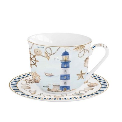 Frühstückstasse mit UT BLUE LIGHTHOUSE Leuchtturm 370ml Porzellan Easy Life