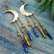 Gold Crescent Moon Aura Quartz Crystal Earrings