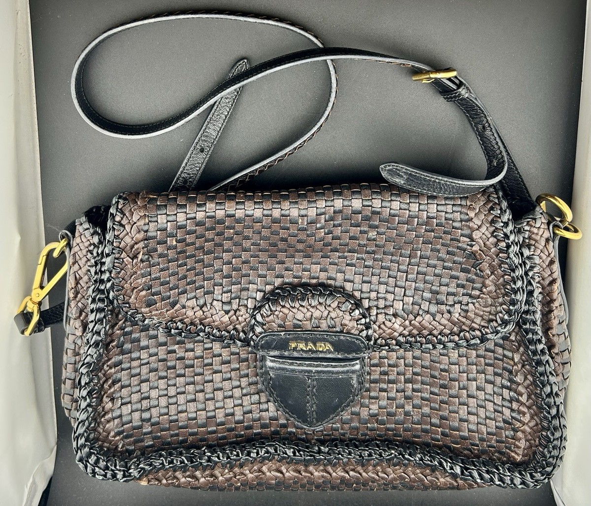 Prada Woven Madras Leather Crossbody Shoulder Bag Brown Black Gold