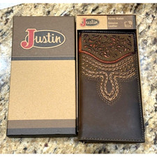 Justin Rodeo Wallet Brown Genuine Leather Tooled Western Stitch RFID Long Bifold