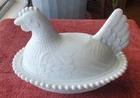 Milk Glass Hen on Nest Covered Dish White Vintage Beaded Rim 7"