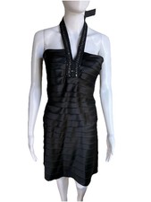 BCBG Max Azria Black Satin Halter Cocktail Dress Silk Trim Beaded Bodycon S