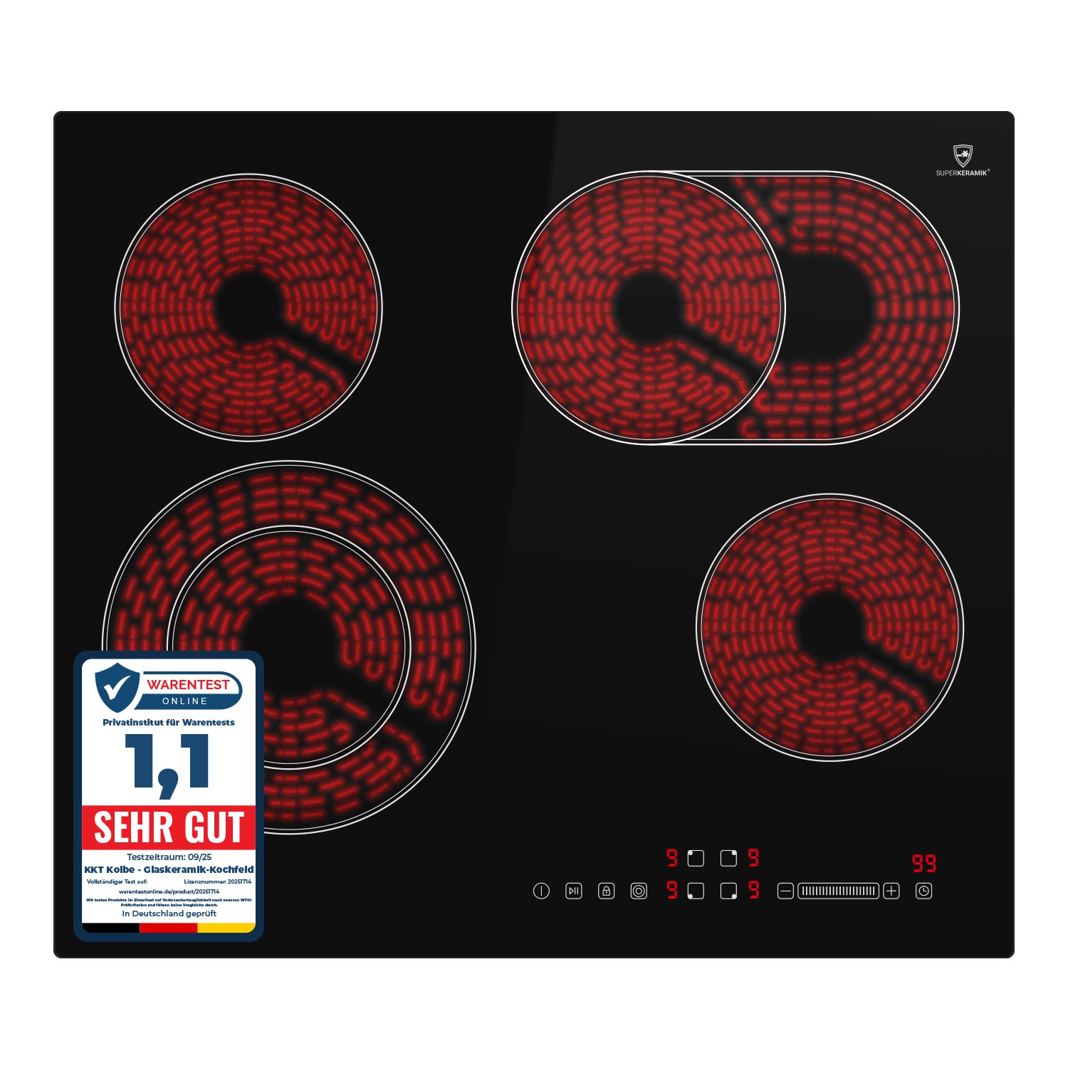 Glaskeramik Elektro Kochfeld 60cm 4 Zonen Platten Autark Bräterzone Rahmenlos