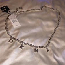 DKNY Polished Silver Tone Chain Link Belt DKNT Charms Size M/L NWT