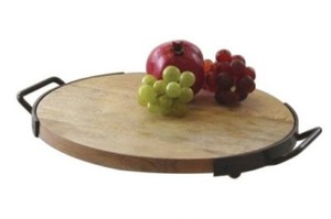 Reims Black Metal Handles Rustic Round Wooden Cheese Board Serving Tray Platter Rustic Round Wooden Cheese Board, Round Wooden Cheese Board