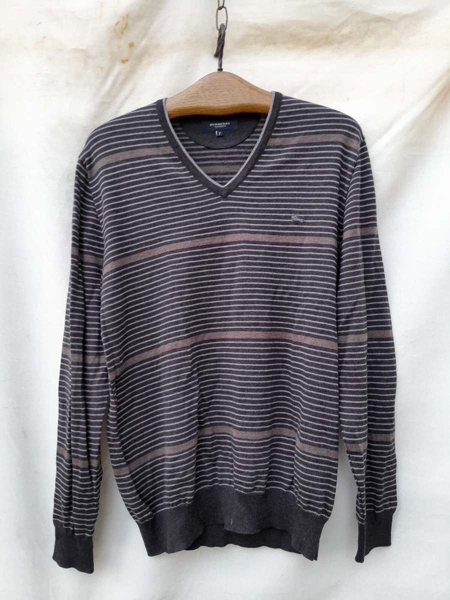 Burberry Striped Sweater Mens Large Grey Wool Embroidered Logo V