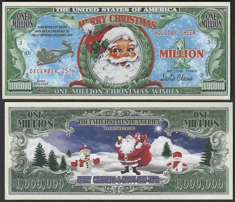 SANTA MERRY CHRISTMAS ONE MILLION CHRISTMAS WISHES NOVELTY DOLLAR - Lot of 2