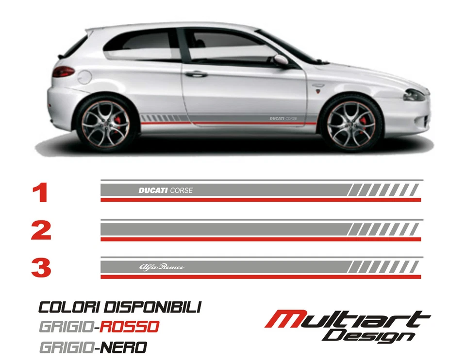 MULTIART DESIGN COPPIA KIT FASCE LATERALI ADESIVI STICKERS PER ALFA ROMEO 147 DUCATI CORSE NEW