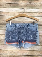Juniors Sz 9 Mossimo Distressed Jean shorts W/Bandana Print & Orange Stitching 