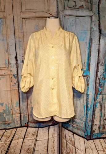 VTG VINCENTI Diamond Yellow SECRETARY Blouse Button Up ROLL TAB Sleeve Shirt Top - Afbeelding 1 van 11