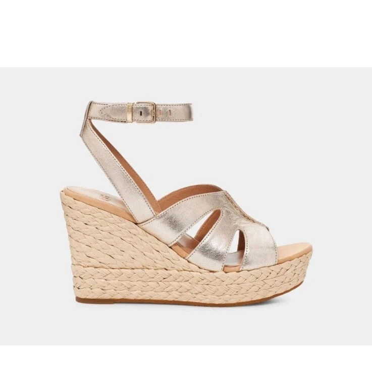 Ugg CAREENA sandali donna oro metallizzato rafia zeppa plateau 10 nuovi con etichetta