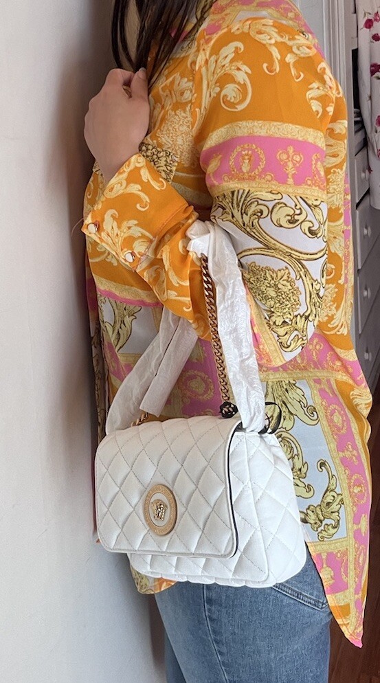 VERSACE WHITE NAPPA LEATHER QUILTED MEDUSA FLAP SHOULDER BAG