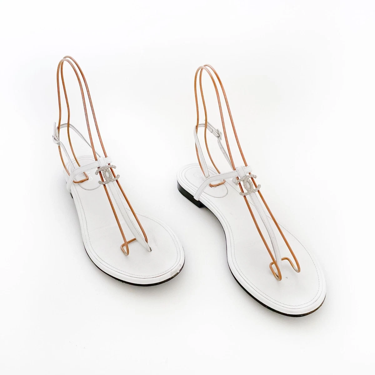 Chanel CC T Strap Sandals EU 39.5 US 8.5 9 White Flat Thong Ankle
