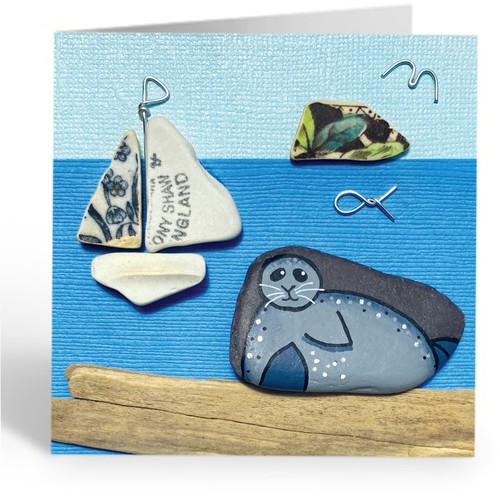 Greetings Cards (Pack of 4) Pebble Art. Puffin, Seagull, Highland Cow, Whale - Picture 4 of 5