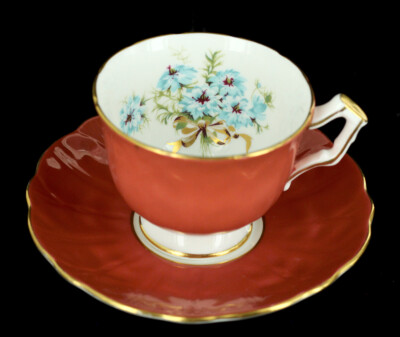 Aynsley Rotbraun Orange Teetasse, Blau Windflowers, Vintage Tasse und Untertasse