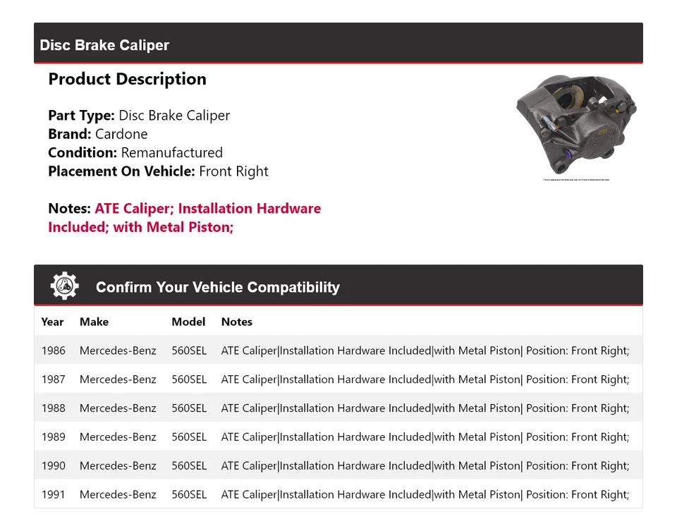 Pinza de freno de disco delantera derecha cardone 1987 para Mercedes-Benz 560SEL 1986-1991 Foto 2 de 4
