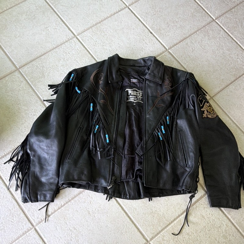 First Genuine Leather Women’s Black Fringe Beaded Biker Jacket Zip Lined