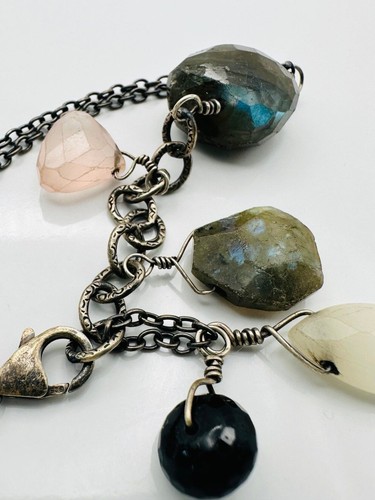 925 sterling silver natural labradorite rose quartz charm Bracelet 7.5” - Picture 5 of 9