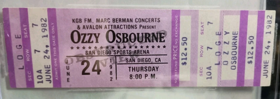 Ozzy Osbourne San Diego 24 de junio 1982 Diario Madman Purple Tour Boleto Beckett BAS Foto 4 de 4