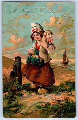 c1910's Easter Dutch Kid With Lamb And Eggs Embossed PFB Posted Antique Postcard