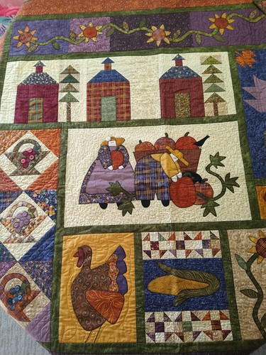 Handmade Fall Harvest Thanksgiving Throw Quilt Pumpkins Sunflowers Turkey 54x60