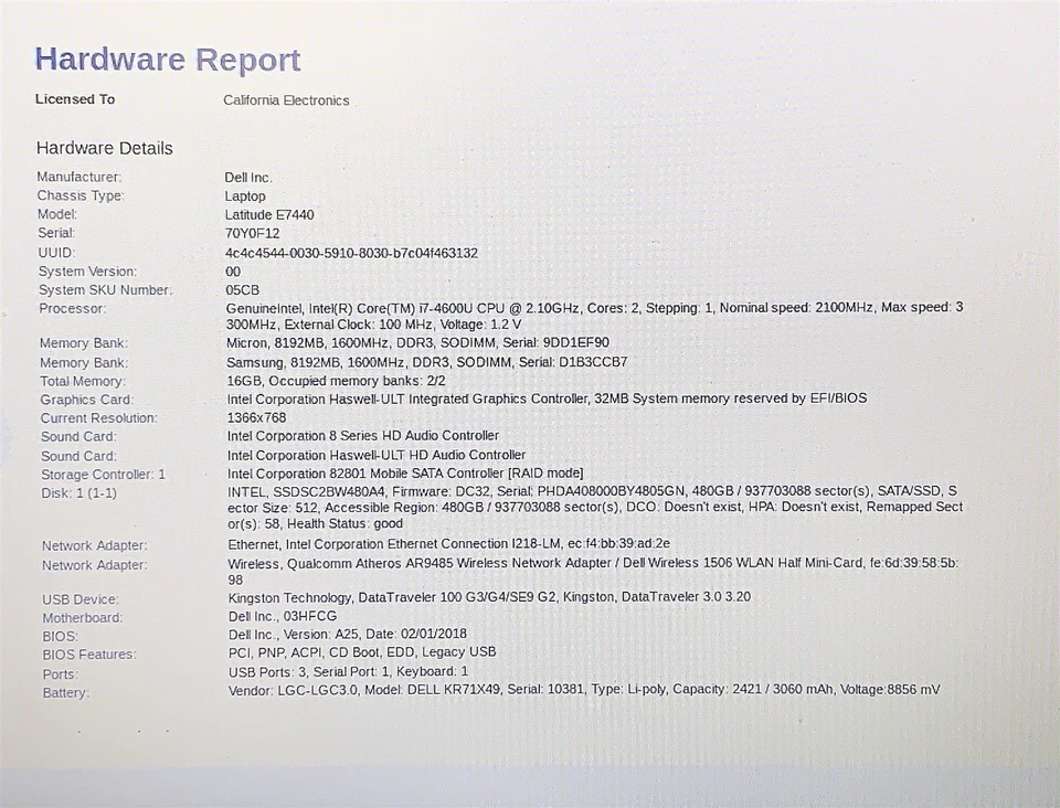 Dell Latitude E7440 Laptop i7 4600U 2.10GHZ 14" HD 16GB RAM 480GB SSD Windows 10 - Image 2 of 4