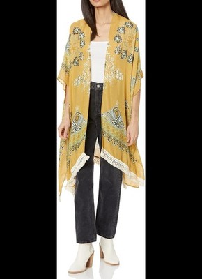 Angie Kimono Golden Yellow W/tassel Side Slits Velvet Burnout  duster OS