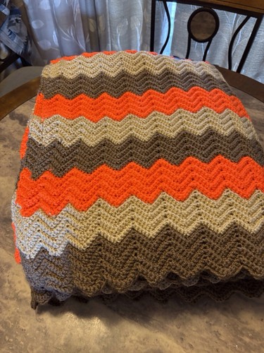 Crocheted Afghan Avocado Green Orange Cream Zig Zag 84” X 54” 70’s Vibe - Picture 2 of 4