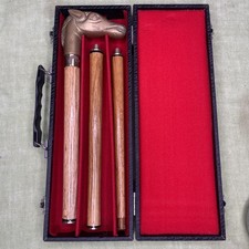 Vtg Wood Cane Walking Stick Sectional with Brass Horses Head 34" Long With Case
