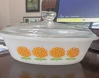 Vintage Glasbake "Orange Floral Bouquet" oval casserold/baking dish