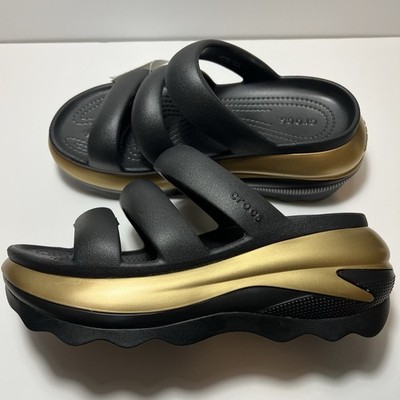 Crocs Mega Crush Metallic Triple Strap Sandals Womens Size 9 Black Gold New