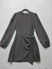 Lulus Women S Dress Gray Solid Long Sleeve Crew Neck Tie Waist Lined Casual