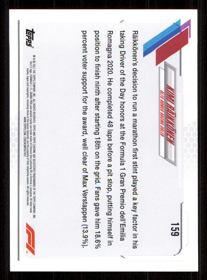 2021 Topps Chrome Formula 1 #159 Kimi Raikkonen/Driver of the Day - Image 2 of 2