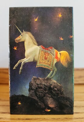 Hand Decorated and Painted Small Wooden Hinged Trinket Box Unicorn Fantasy