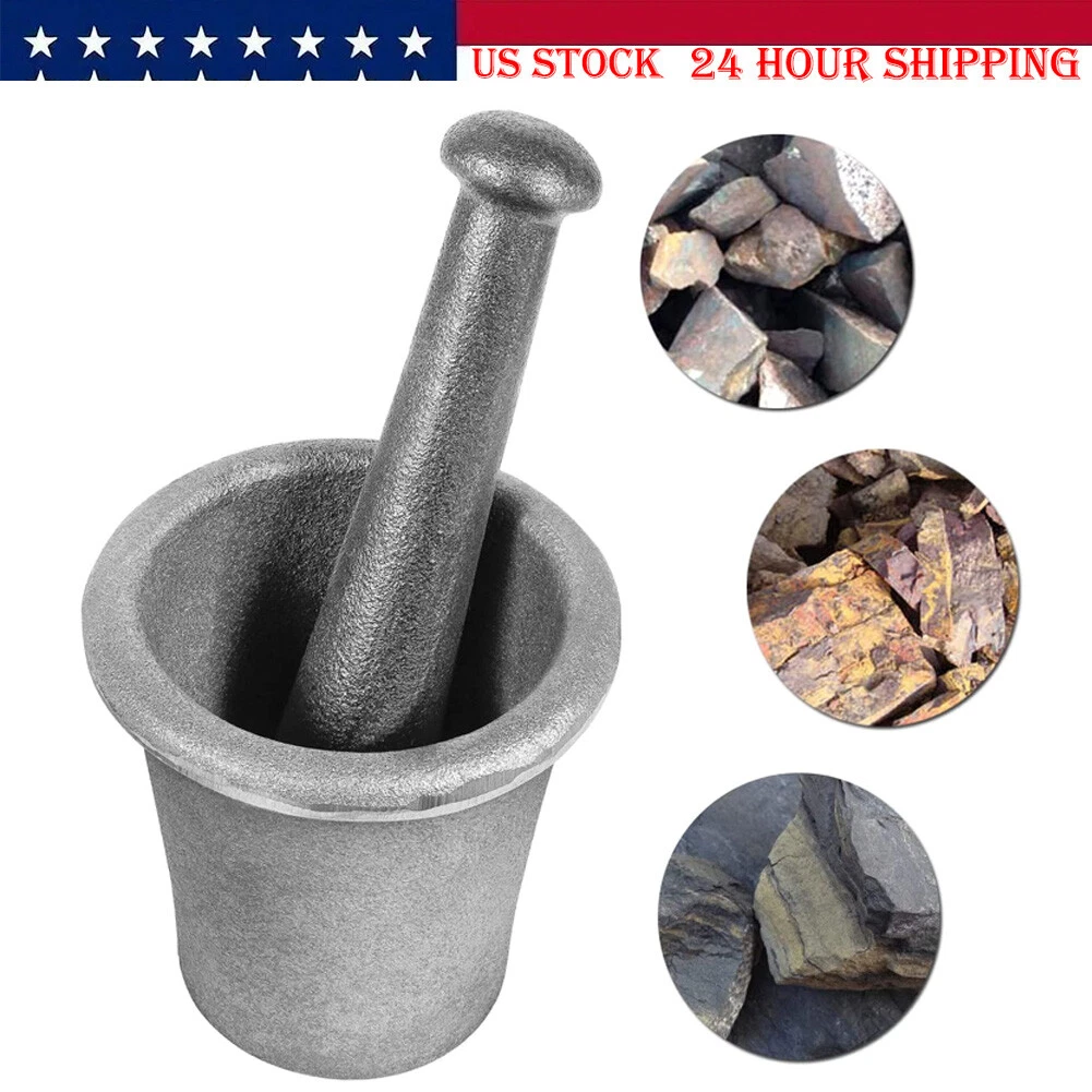 Cast Iron Mortar Pestle Tool Rock-Ore Crusher-Assay-Gold-Pulverizer-Quart-Silver