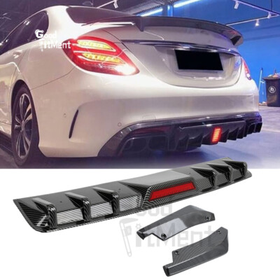 Carbon Rear Bumper Diffuser Spoiler w/LED Light+Rear Lip For Benz W205 C300 C200