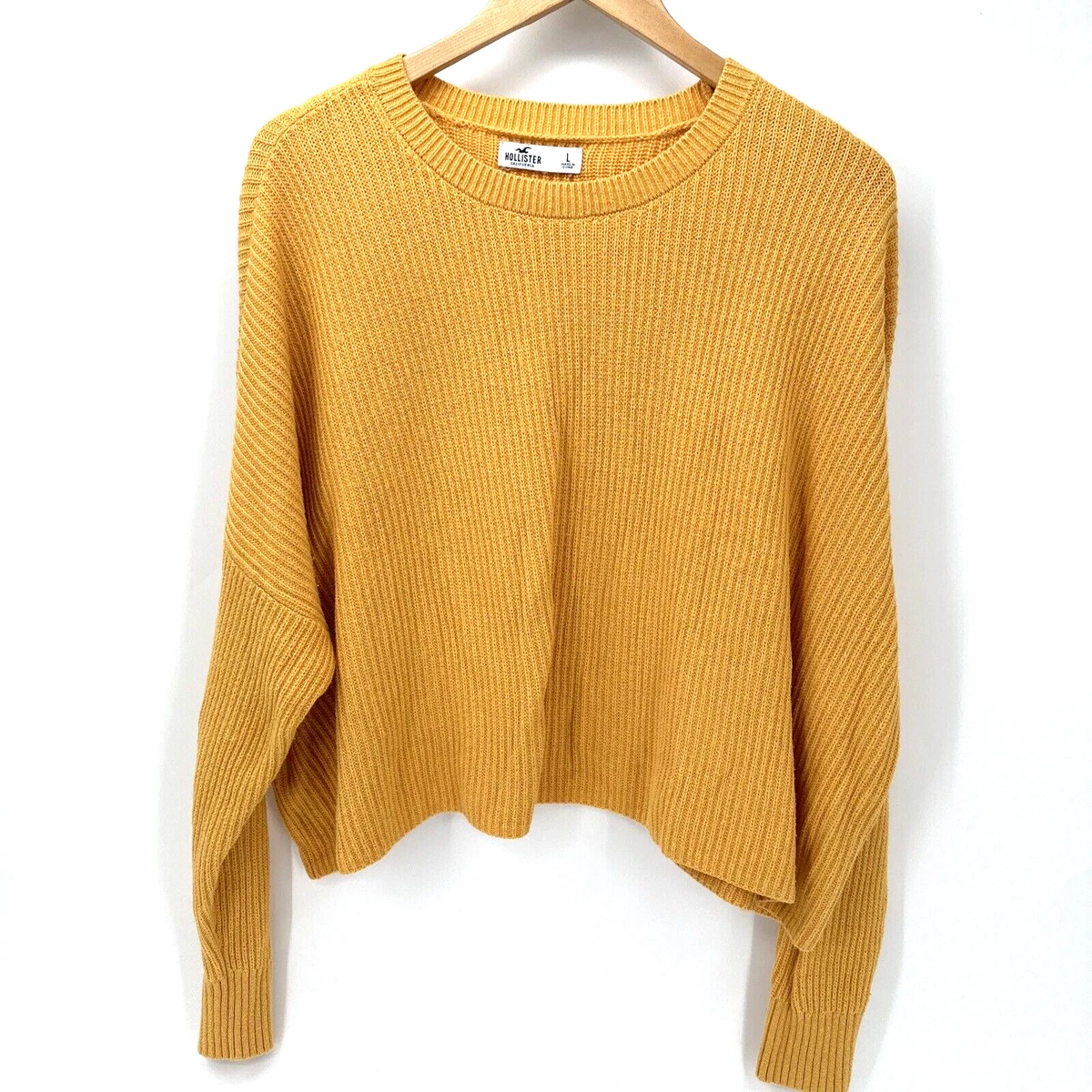 Hollister Women's Sweater Yellow Knit Cropped Size Large Long Sleeve  Pullover